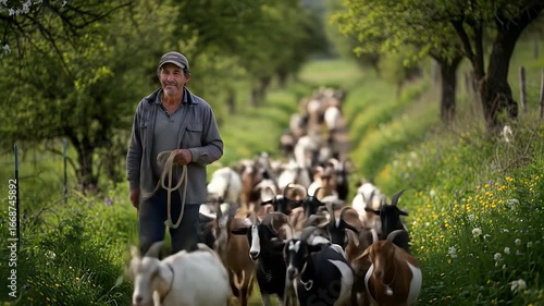 Smiling Shepherd Confidently Leads His Herd of Goats Down a Lush, Green Countryside Path
