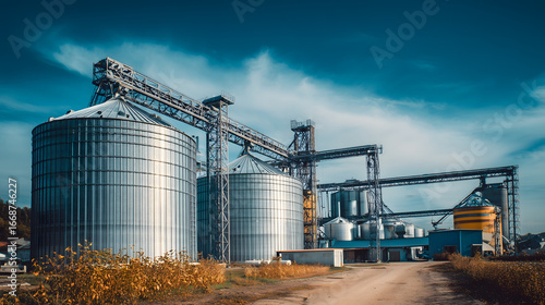 Large grain silos storage facility with metal warehouses