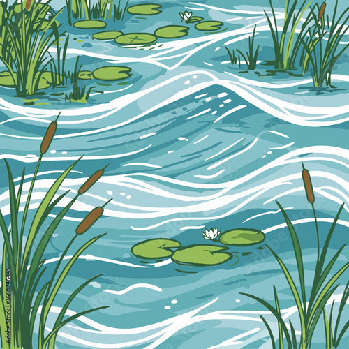A tranquil depiction of a shallow river or pond, teeming with lily pads and reeds. A serene scene of flowing water with lush greenery, showcasing a calm and peaceful aquatic environment.
