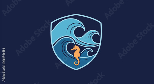 Seahorse and Ocean Waves in a Shield Emblem Logo.