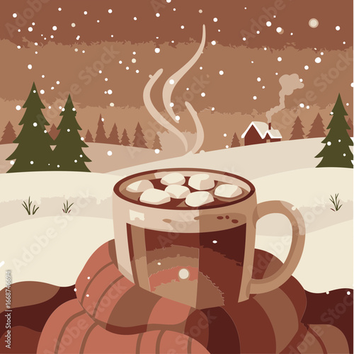 A warm cup of hot chocolate with marshmallows, nestled in a striped scarf, in a snowy winter landscape with a cozy cabin in the background.