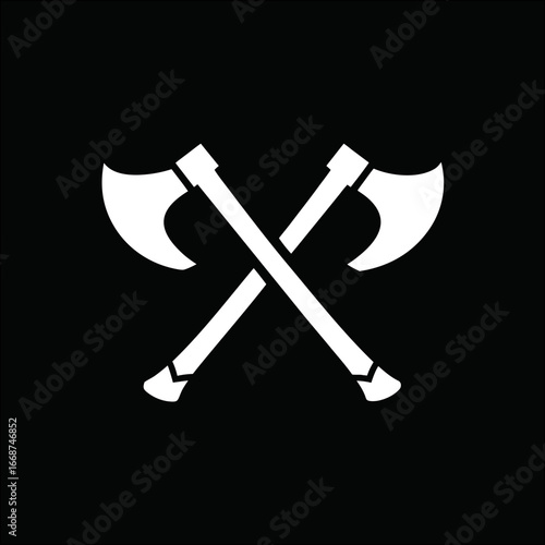 Crossed axes icon on black perfect for survival branding, rugged outdoor adventure logos, and timber sport emblems.