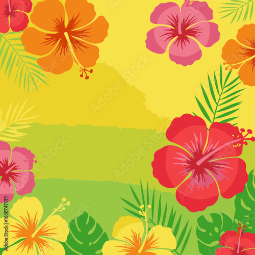 Colorful hibiscus flowers and tropical leaves in a vibrant, summery design. A decorative floral pattern with various shades of vibrant colors.