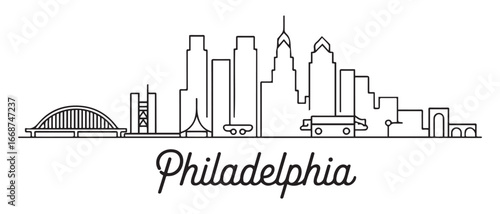 Philadelphia Skyline Line Art with USA Travel. with white background