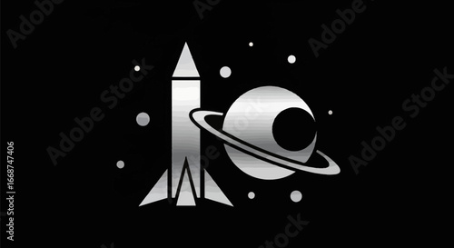 Silver Rocket Ship and Planet in Space Illustration.