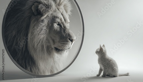 Small kitten sees itself as a powerful lion in a mirror