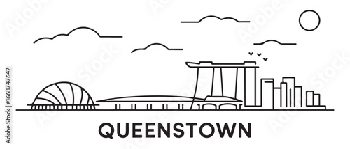 Queenstown Line Art Skyline Silhouette Singapores Minimalist Charm. with white background