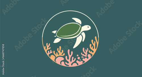 Sea Turtle Swimming Above Coral Illustration.