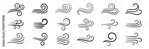 Collection of 18 Wind Icons:  Curvy, Swirly, Linear Black Wind Graphic Elements on White Background
