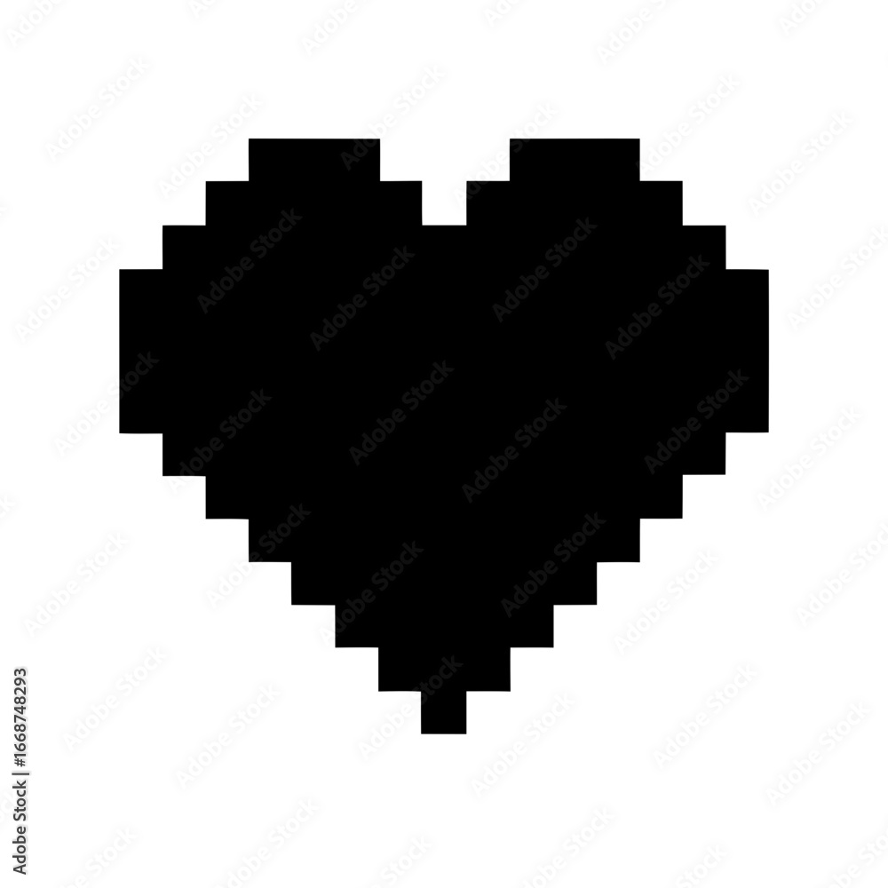 Fototapeta premium Pixelated black heart artwork on white background resembling 8 bit graphics