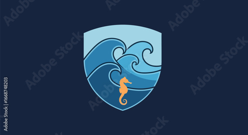 Oceanic Shield Emblem with Seahorse and Waves.