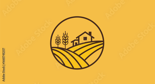 Farm scene illustration with house fields and wheat in a circular design.