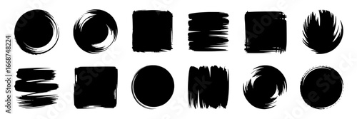 Collection of 16 Black Ink Brush Stroke Shapes: Circles, Squares, and Rectangles in a Two-Row Grid