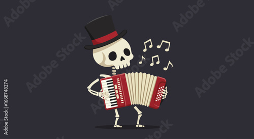 A jovial skeleton character, sporting a tiny top hat, cheerfully plays a miniature accordion with musical notes floating around in this Flat Design illustration. 
