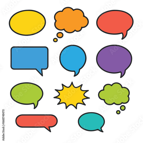 Flat vector collection of colorful rounded comic speech bubbles and chat balloons