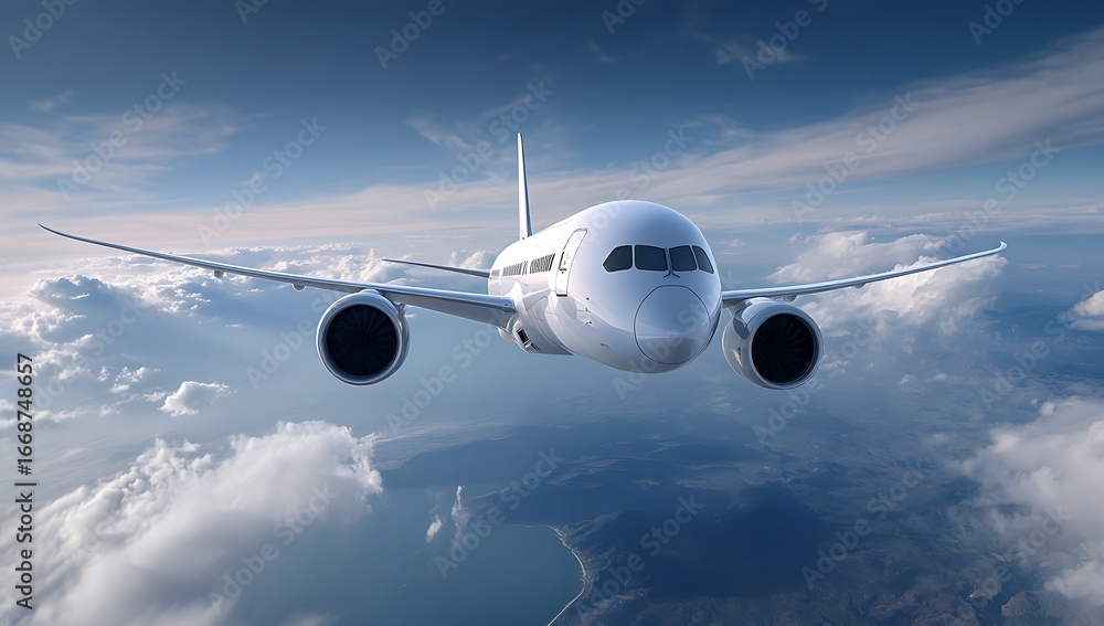 Naklejka premium Airplane flying through clouds above the sky