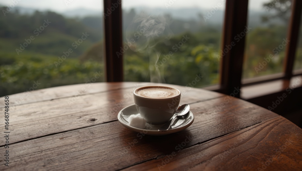 Fototapeta premium Steaming Colombian tinto coffee served rustic café table overlooking misty plantations