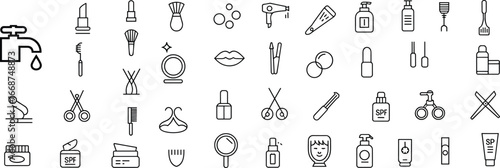 Beauty and cosmetics icons set, skincare, makeup products, hair care, spa, personal hygiene, grooming tools, line art collection