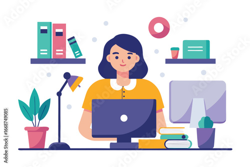 Woman working at home with computer and books on her desk