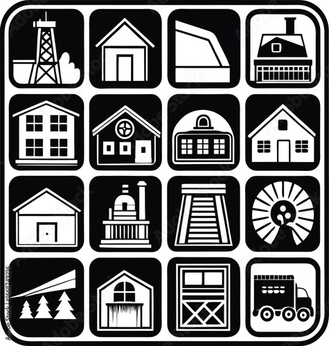 Collection of diverse building icons representing various architectural styles and structures for graphic design projects and applications