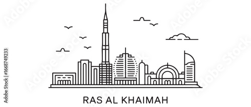 Ras Al Khaimah Line Art Cityscape Minimal White Outline. with white background