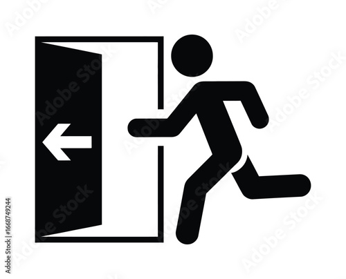Emergency exit sign directing people to safety, quickly leave to the left, running man icon, essential safety guidance, find the exit, evacuate now, danger escape, safety first
