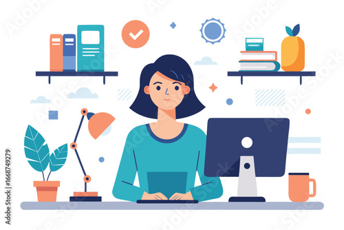 Woman working at desk with computer and shelves illustration
