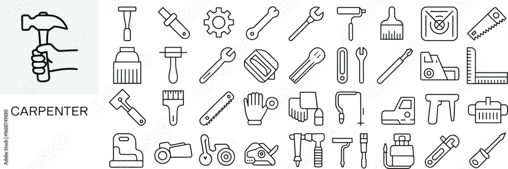 Fototapeta premium Carpenter tools icons set, woodworking equipment, hand tools, hammer, saw, wrench, screwdriver, construction gear, repair instruments, vector illustration design