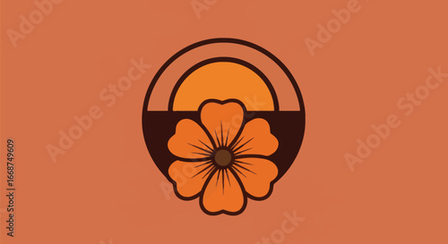 Stylized Flower and Sunset Circular Design in Earth Tones.