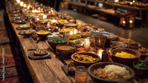 Lavish Feast: Rustic Wooden Table with Diverse Dishes and Candlelight