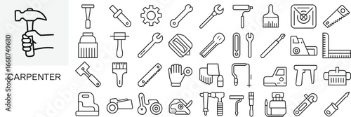 Carpenter tools icons set, woodworking equipment, hand tools, hammer, saw, wrench, screwdriver, construction gear, repair instruments, vector illustration design