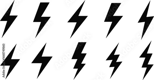 Black lightning bolt icons set, thunderbolt energy symbol, electricity power sign, electric flash, storm lightning, energy logo illustration