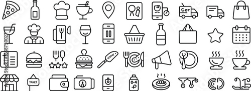 Food and restaurant icons set, pizza, drinks, chef hat, burger, delivery truck, shopping bag, coffee cup, utensils, star rating