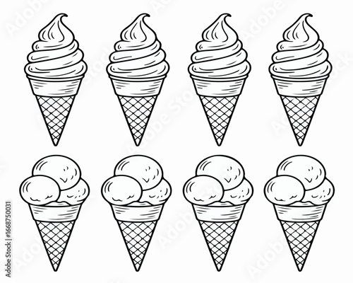 A sweet collection of delicious ice cream cones with various flavors like chocolate, vanilla, and strawberry on a white background