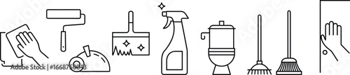 Cleaning tools and housekeeping icons set, hygiene equipment, sanitation supplies, spray bottle, mop, broom, vacuum, house cleaning vector design