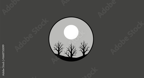 Minimalist circular emblem with moon and trees.