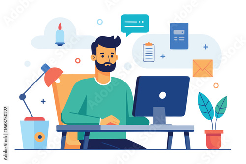 Man working at computer desk in home office illustration vector