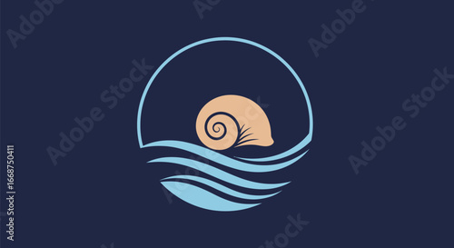 Stylized Snail Shell Resting on Gentle Ocean Waves Logo.