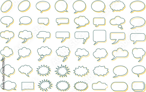 Speech bubble vector set with comic style thought balloons, chat boxes, dialogue frames, text clouds, and communication icons