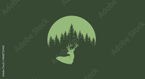 Deer with antlers under a forest silhouette in nature.