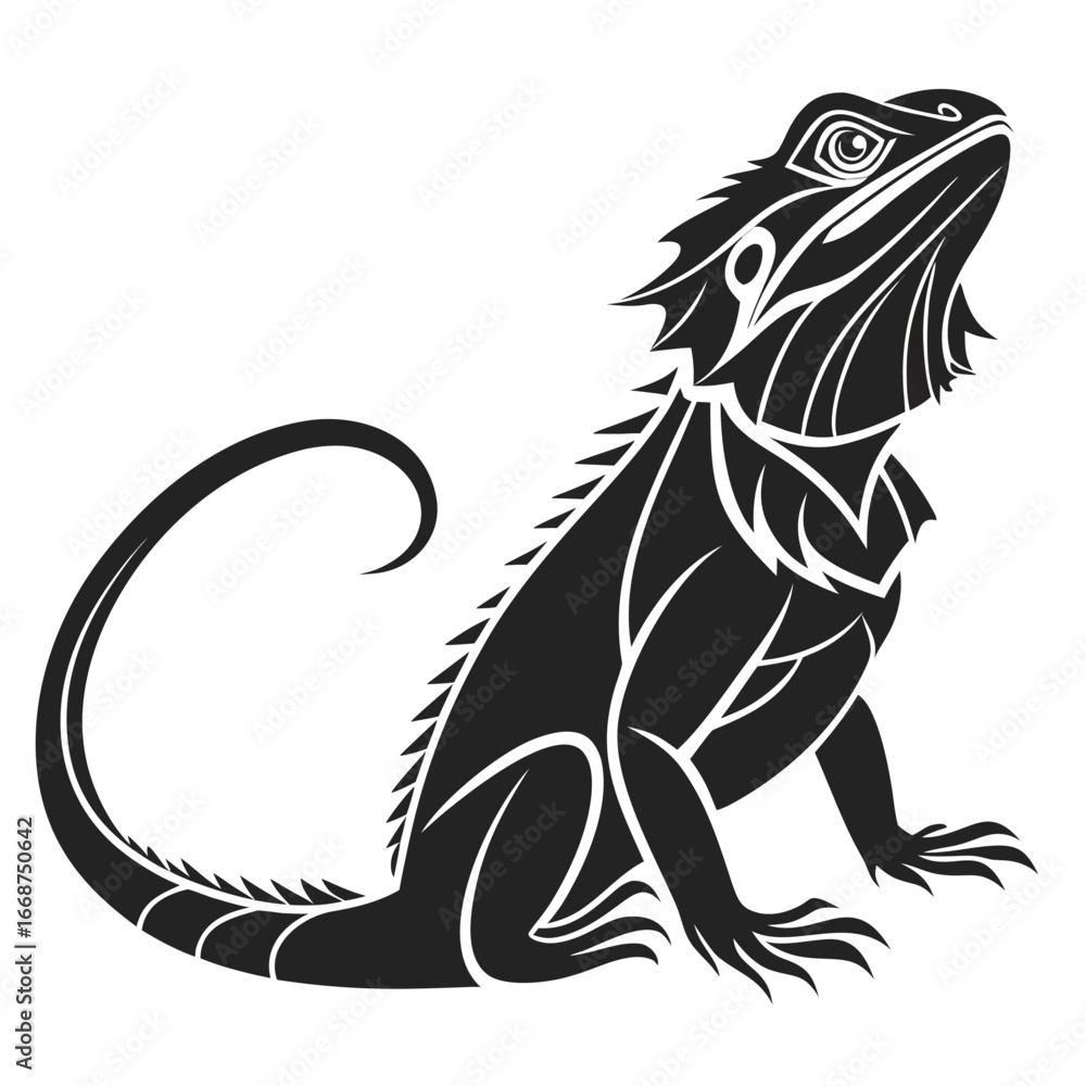 Fototapeta premium Stylized Black Silhouette of a Lizard on a White Background animal