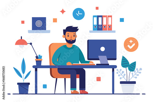 Man Working at Desk with Computer and Plants Flat Illustration