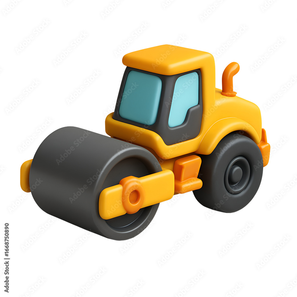 Fototapeta premium A Charming Yellow Road Roller Isolated on a white Backdrop Rendering Style Displaying Cartoonish Design and Smooth Surfaces