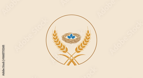 Agricultural Emblem Design Golden Wheat and Bird Nest.