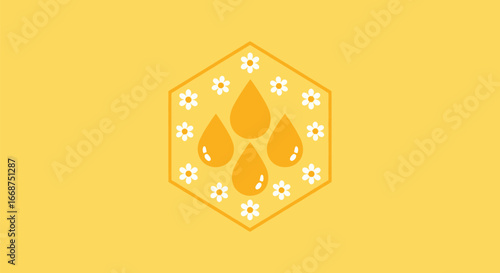 Hexagonal honeycomb frame with golden honey drops and flowers.