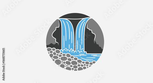 Stylized Waterfall Illustration with Rocks and Cliffs.