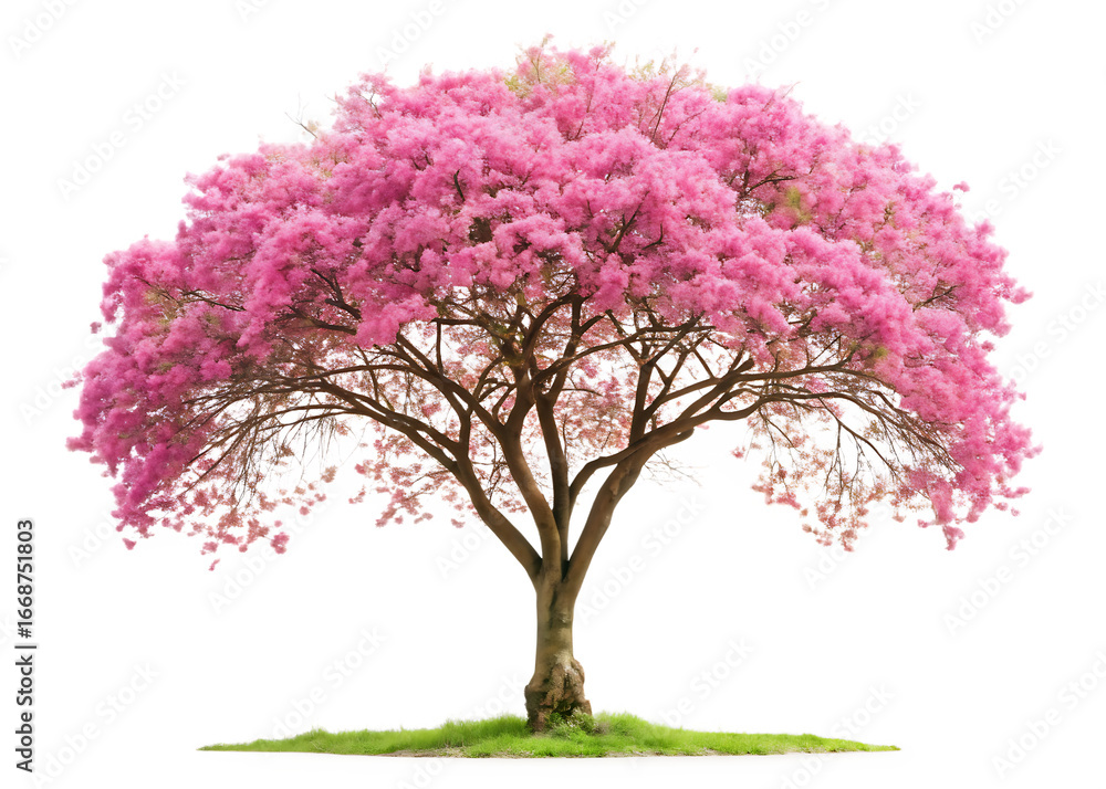 Fototapeta premium Tree with pink flowers is standing alone isolated on white background ,PNG.AI Generated.
