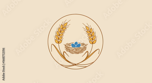Wheat and Nest Emblem with Blue Eggs.