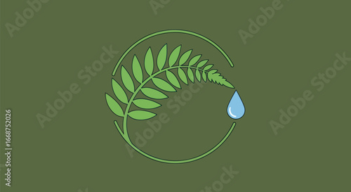 Green fern frond with water droplet in circular frame.