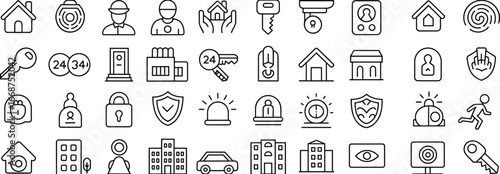 Home security icon set with lock, key, fingerprint, camera, alarm, safety system, smart protection, surveillance, secure building